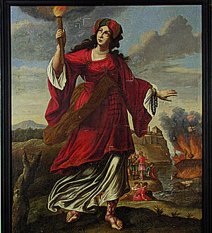 "Zypriotin, die osmanische Flotte in Brand setzend" / Steiermärkischer Maler (?) nach einem Kupferstich von Abraham Bosse und Gilles Rousselet von 1647, auf der Grundlage des Gemäldes von Claude Vignon / spätes 17. Jh. "Zypriotin, die osmanische Flotte in Brand setzend" / Steiermärkischer Maler (?) nach einem Kupferstich von Abraham Bosse und Gilles Rousselet von 1647, auf der Grundlage des Gemäldes von Claude Vignon / spätes 17. Jh.