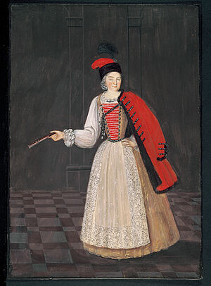Markgräfin Sibylla Augusta von Baden-Baden im Kostüm einer Ungarin (Husarin?) Rastatt, um 1700–1706, Ludwig Ivenet zugeschrieben Staatliche Schlösser und Gärten Baden-Württemberg, Schloss Favorite bei Rastatt Markgräfin Sibylla Augusta von Baden-Baden im Kostüm einer Ungarin (Husarin?) Rastatt, um 1700–1706, Ludwig Ivenet zugeschrieben Staatliche Schlösser und Gärten Baden-Württemberg, Schloss Favorite bei Rastatt